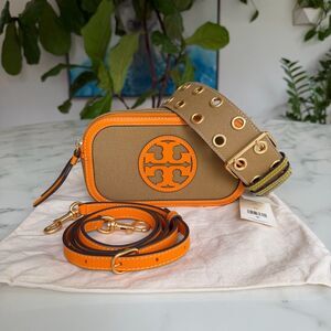 NWT Tory Burch Mini Miller Cotton Canvas Dual Strap Grommet Crossbody Bag Cumin
